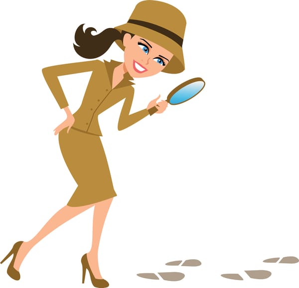 Illustration of a woman wearing detective hat and high heels, holding a magnifying lens on her hand and looking at footprints